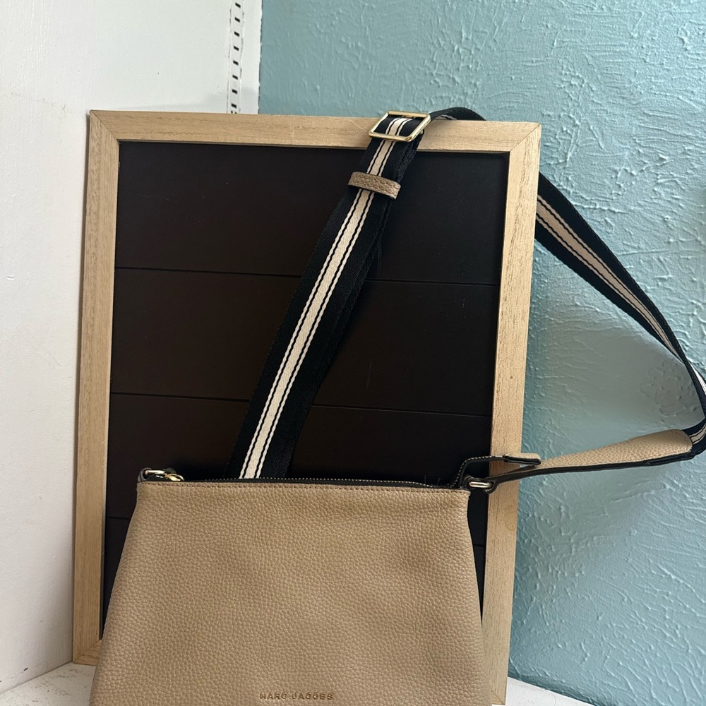 Marc Jacobs Beige Pebbled Leather Crossbody with Black & Cream Stripe Strap